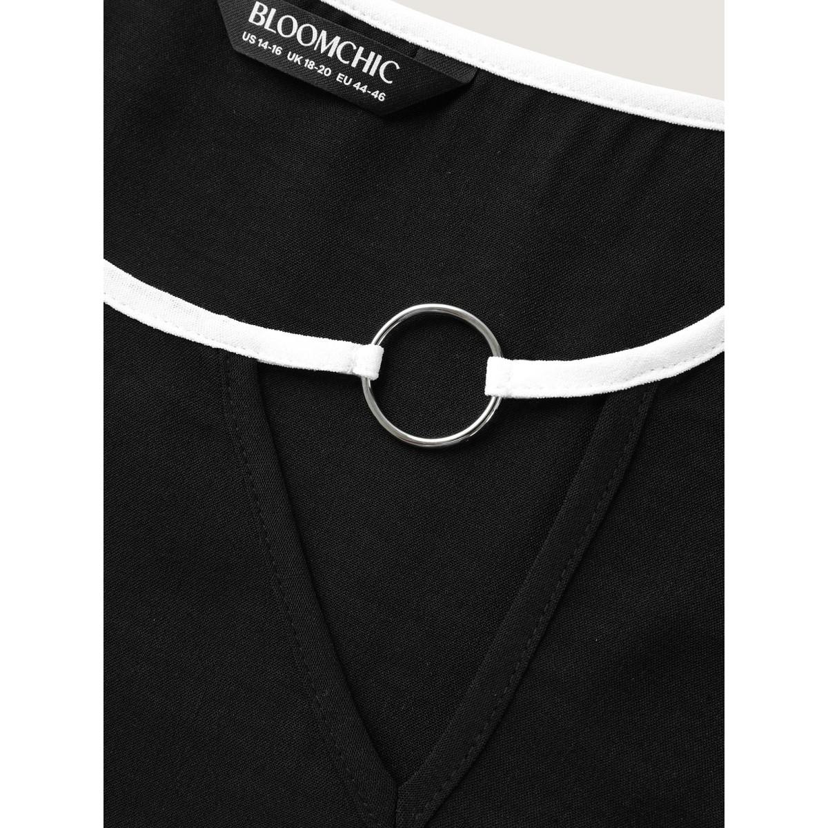 Plus Size Black Metal Color Contrast Asymmetrical Neck Blouse Women Half Sleeve Round Neck Work Blouses BloomChic 26/4X Product Image