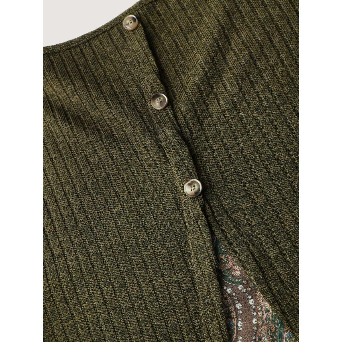 Plus Size Floral Layered Slit Button Detail T-Shirt ArmyGreen Women Leisure Round Neck Casual T-shirts BloomChic 14-16/1X Product Image