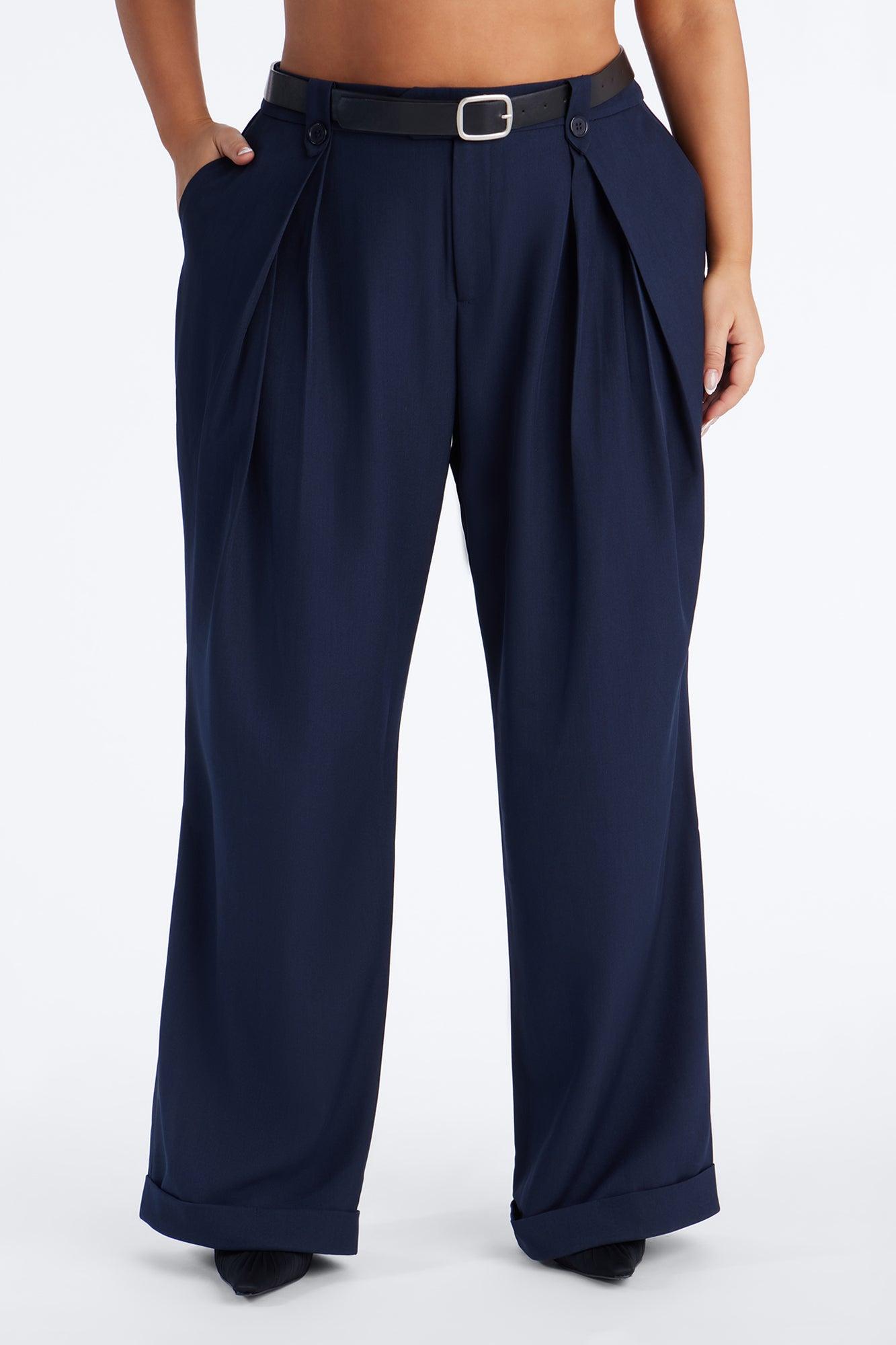 Brooklyn Mid Rise Belted Wide Leg Trouser Pant 33″ - Navy Female Product Image