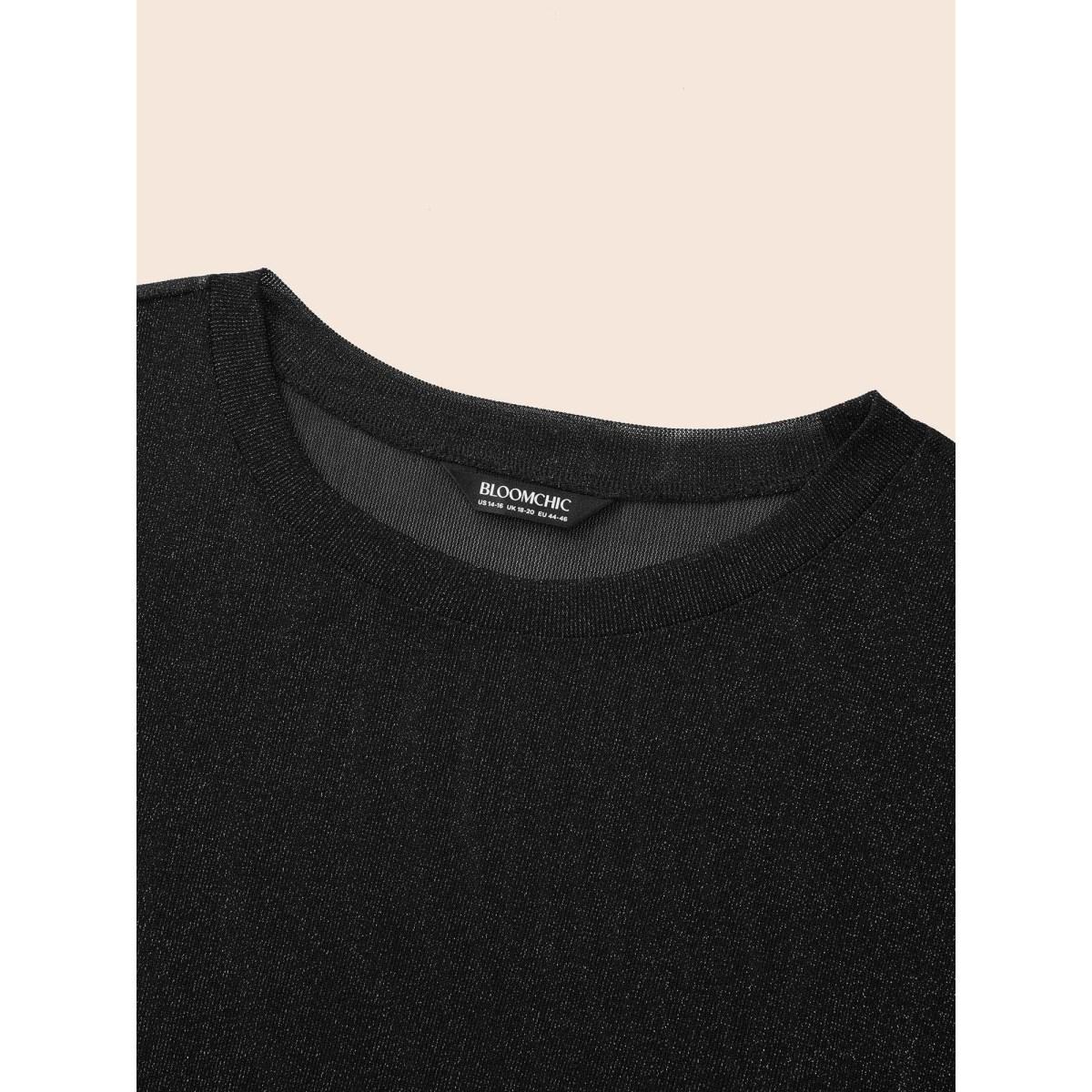 Plus Size Black Sheer Grid Neck Keyhole Blouse Women Short sleeve Round Neck Work Blouses BloomChic 14-16/1X Product Image