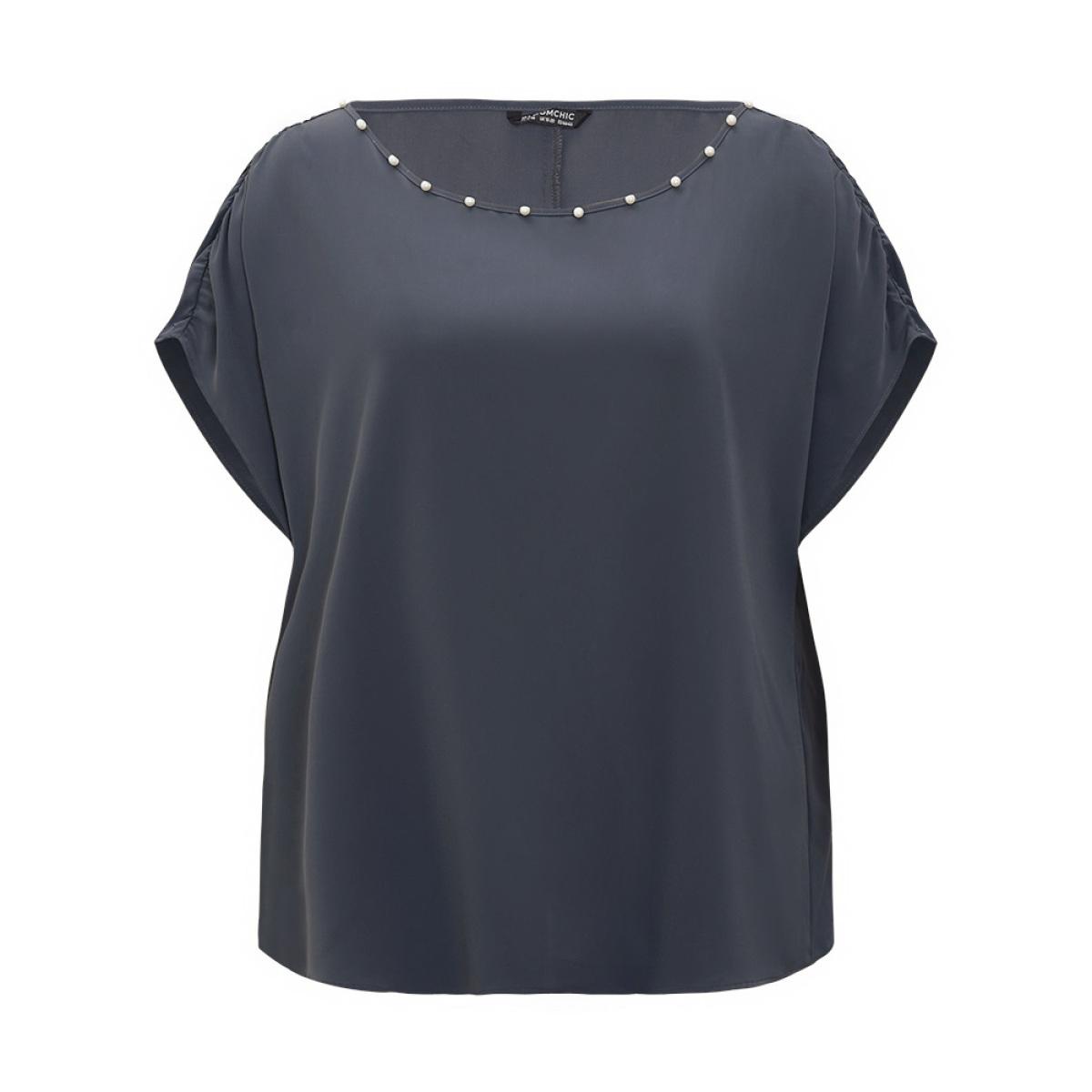 Plus Size Indigo Solid Pearl Beaded Ruched Sleeve Blouse Women Glamour Sleeveless One Shoulder Going out Blouses BloomChic 14-16/1X Product Image