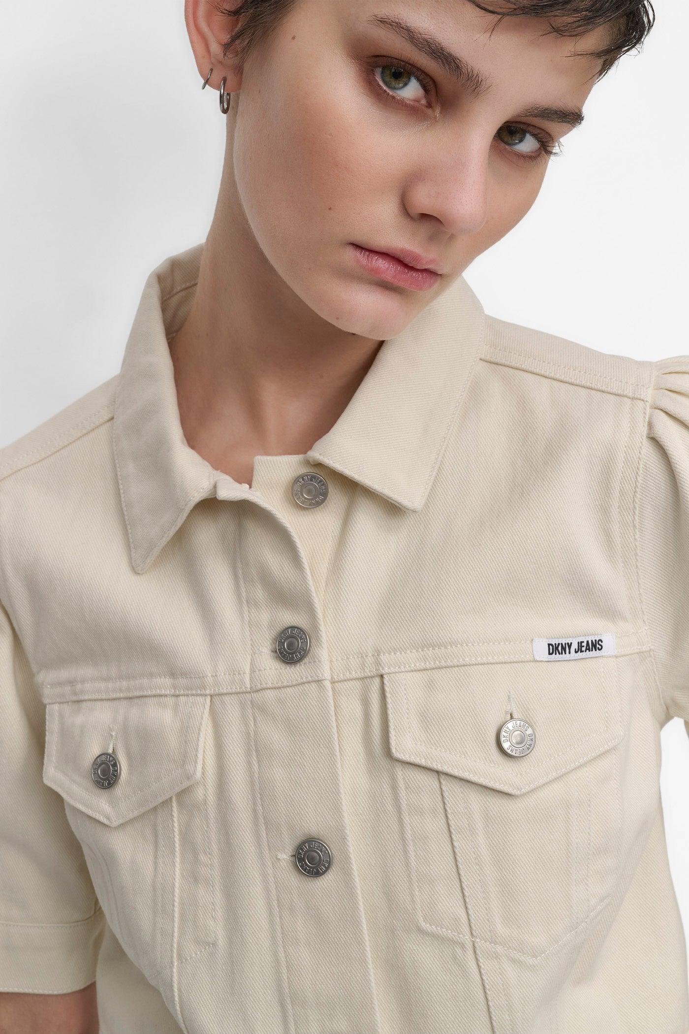 CROP PUFF SLEEVE DENIM JACKET Product Image