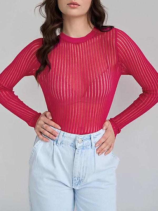 Long Sleeves Skinny See-Through Split-Joint Round-Neck T-Shirts Product Image