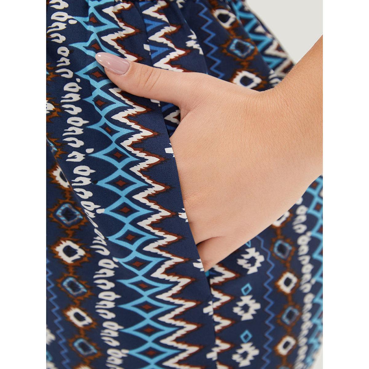 Plus Size DarkBlue Boho Print Shirred Pocket Elastic Wais Ruffle Trim Cami Jumpsuit Women Elegant Sleeveless Spaghetti Strap Dailywear Loose Jumpsuits BloomChic 14-16/1X Product Image