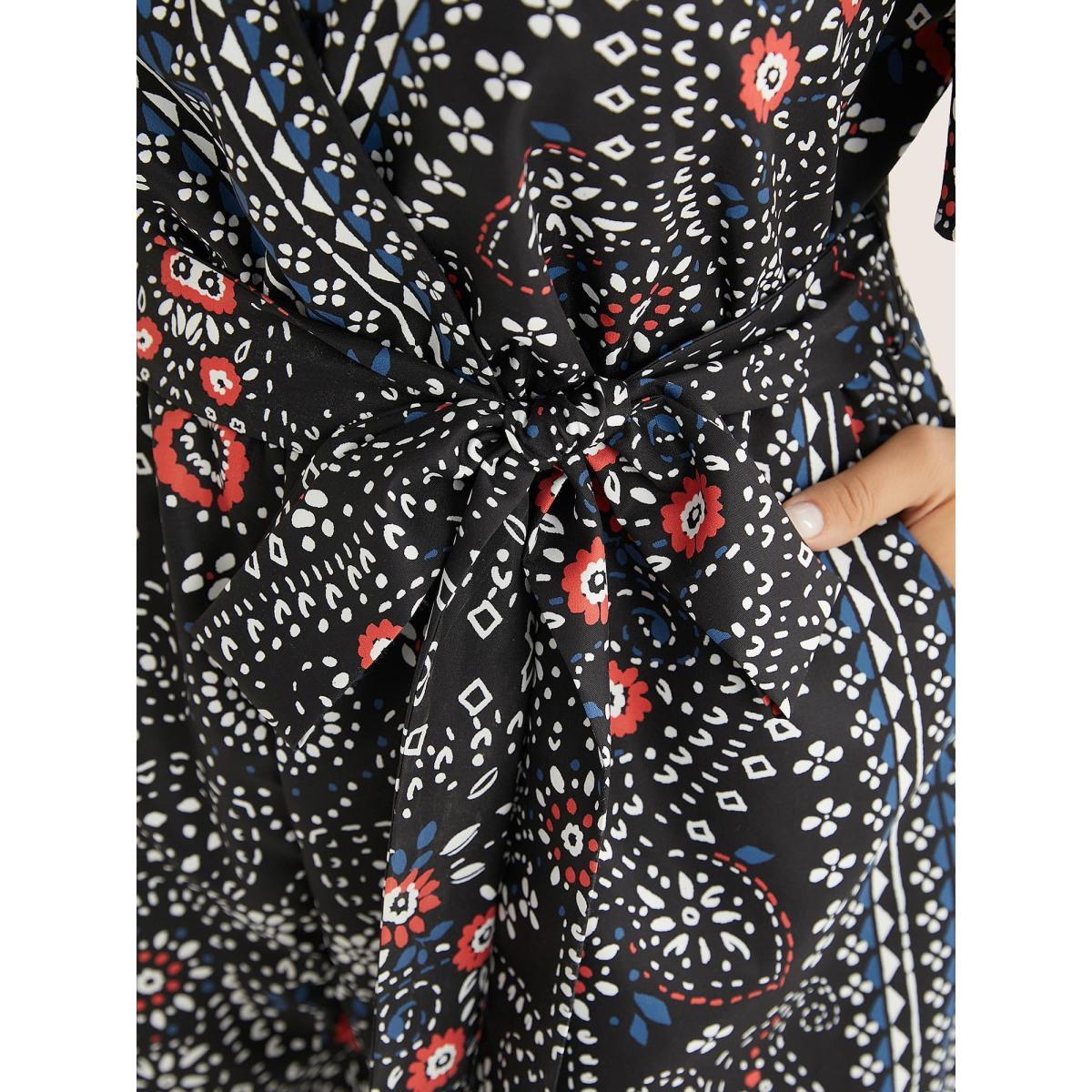 Plus Size Black Bandana Print Belted Pocket Surplice Neck Romper Women Resort Short sleeve V-neck Vacation Loose Jumpsuits BloomChic 18-20/2X Product Image
