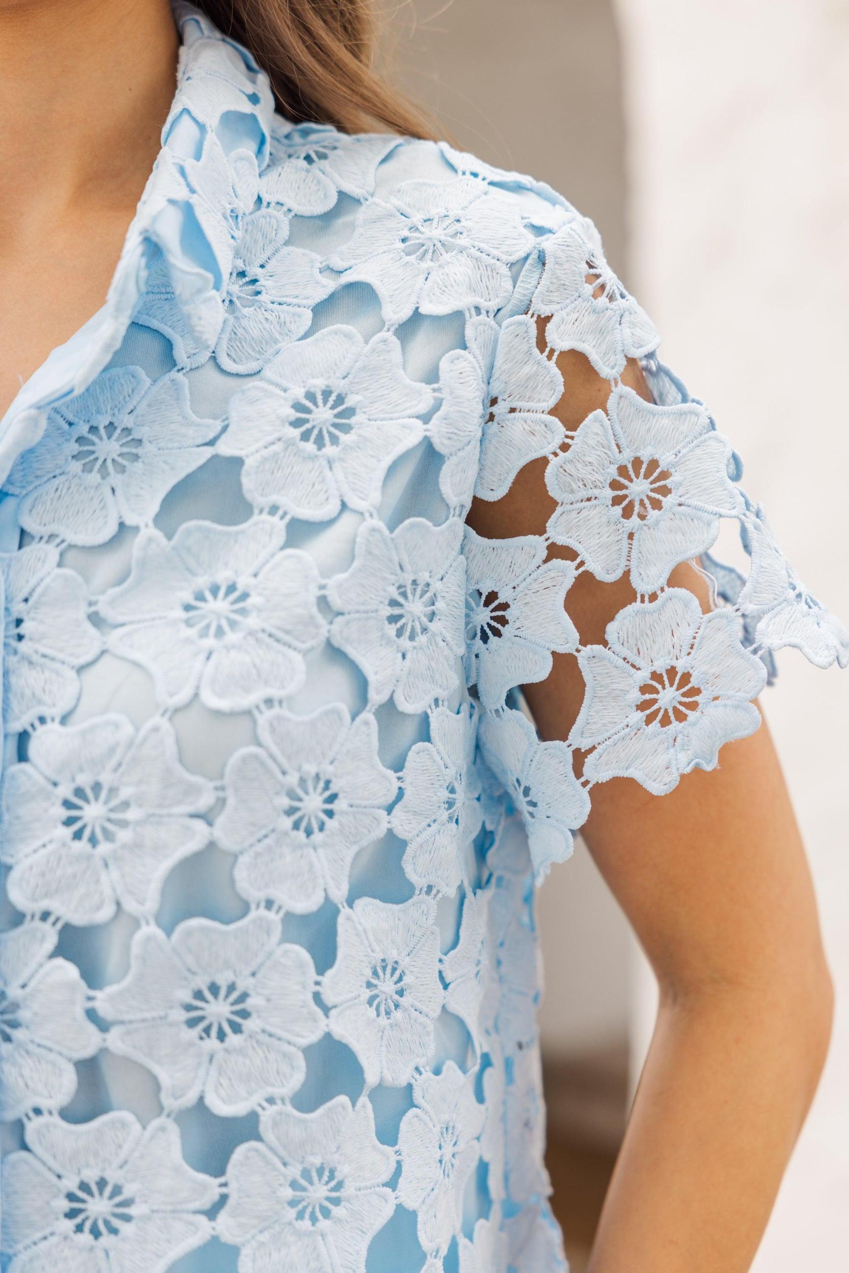 On The Rise Light Blue Crochet Blouse Female Product Image