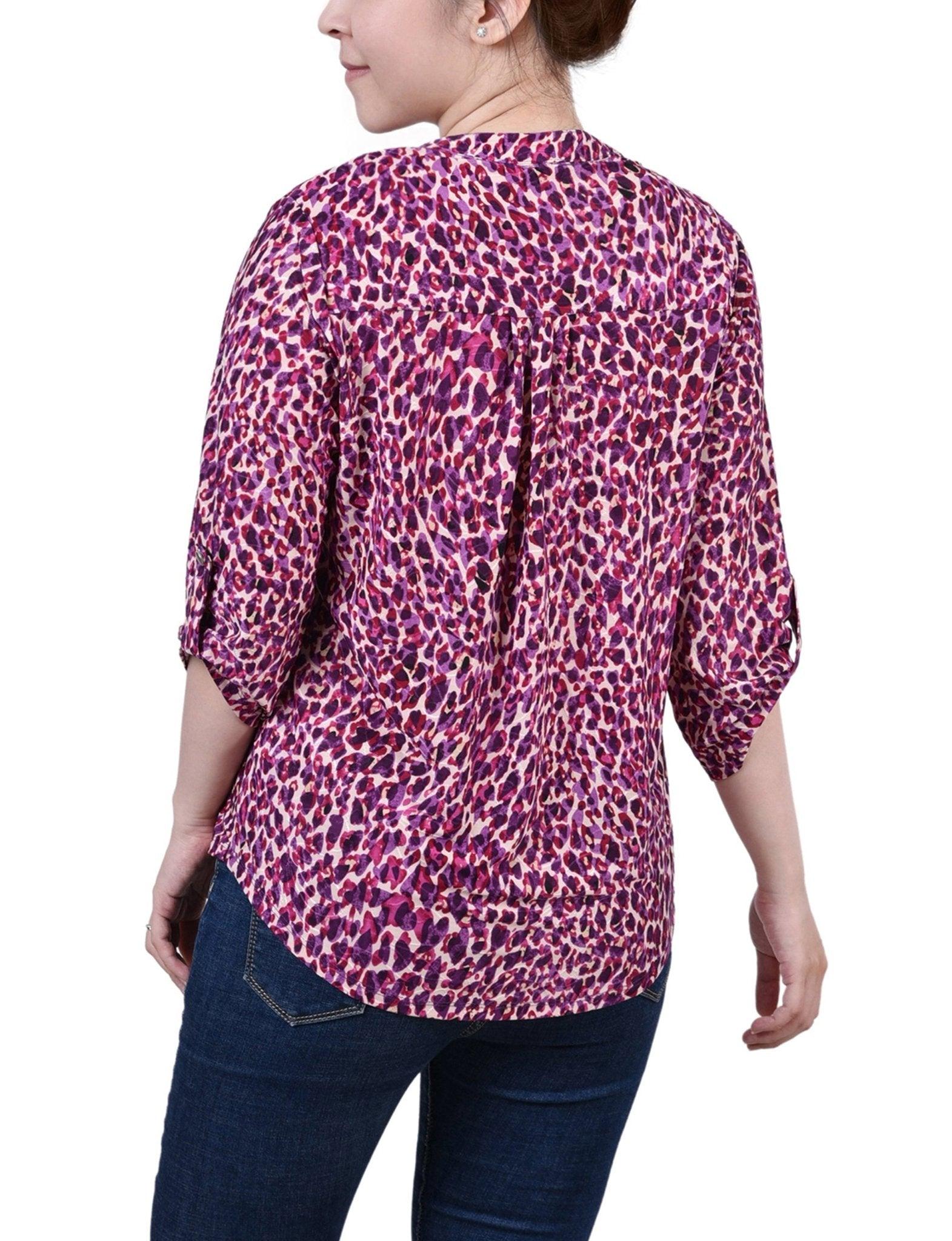 Plum Leopard 3/4 Sleeve Roll Tab Y Neck Top - Petite Product Image