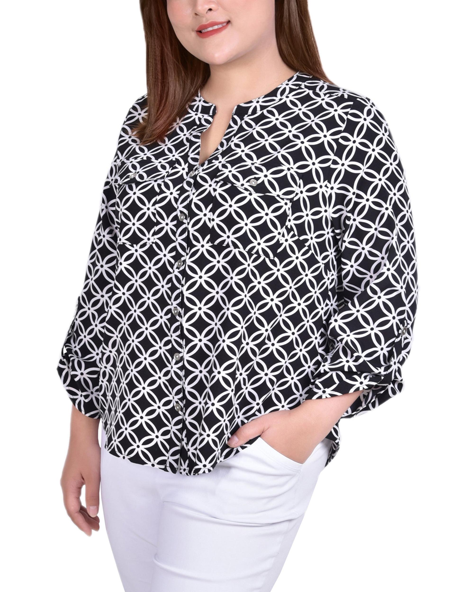 Black White Iconic 3/4 Roll Tab Sleeve Mandarin Collar Blouse - Plus Size Product Image