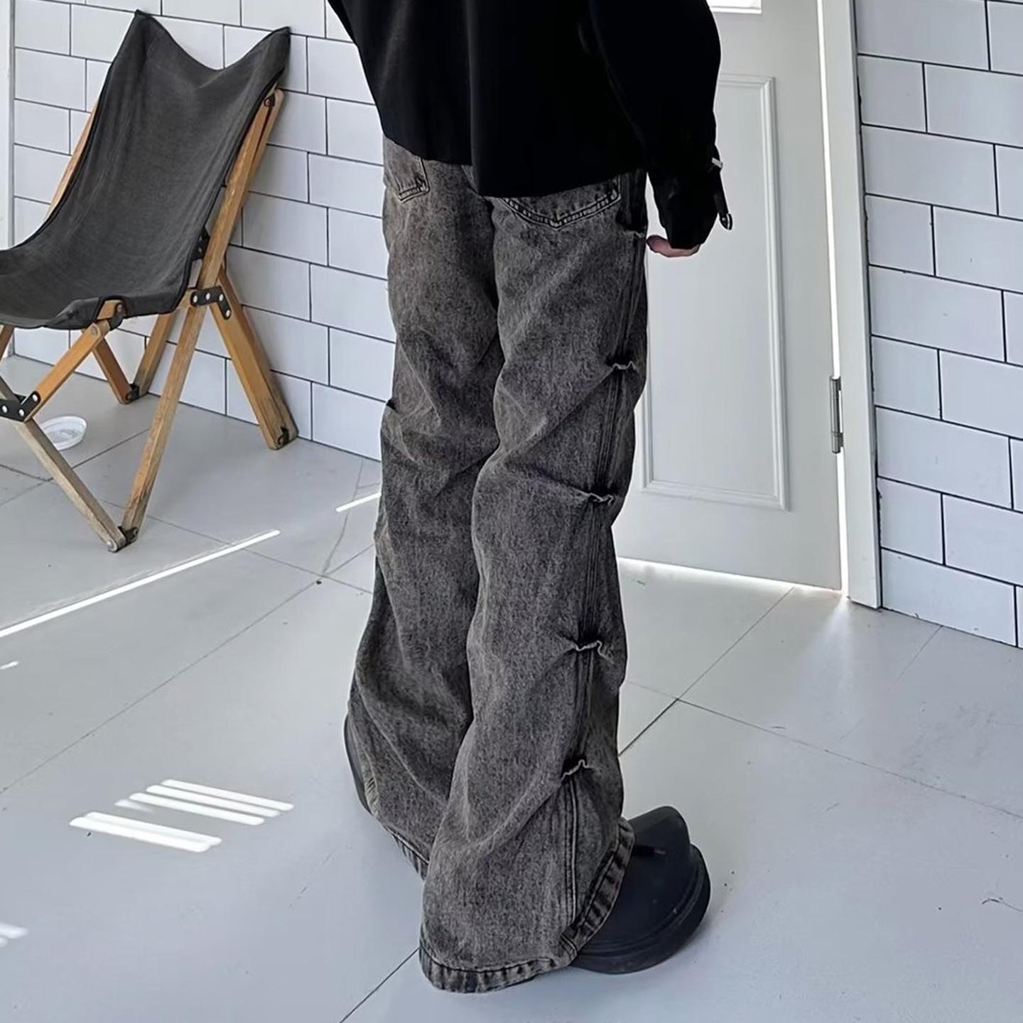 Sopula Retro Wasteland Style Washed Pleated Bootcut Jeans Product Image