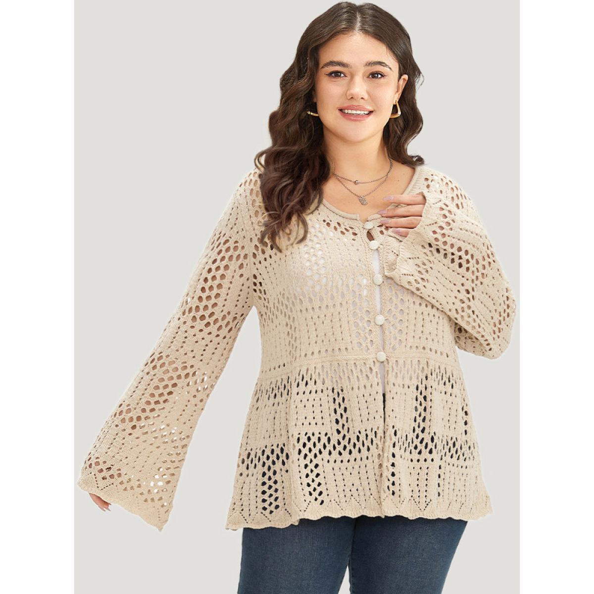 Plus Size Plain Hollow Out Button Through Bell Sleeve Cardigan Beige Women Casual Loose Long Sleeve Everyday Cardigans BloomChic 12/L Product Image