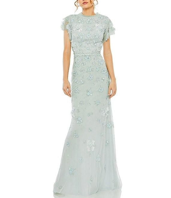 Mac Duggal Floral Embellished Mesh Crew Neck Short Flutter Sleeve Gown Product Image