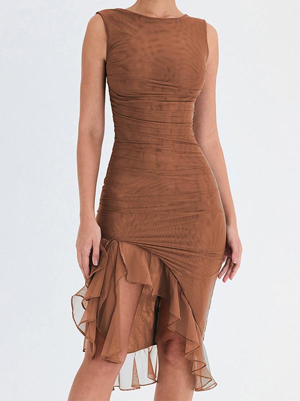 Solid Sleeveless Ruffled Hem Ruched Midi Dress Product Image