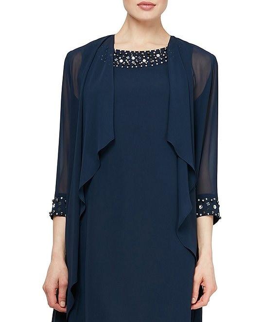 Ignite Evenings Chiffon Beaded Crew Neck 3/4 Sleeve 2-Piece Jacket Dress Product Image