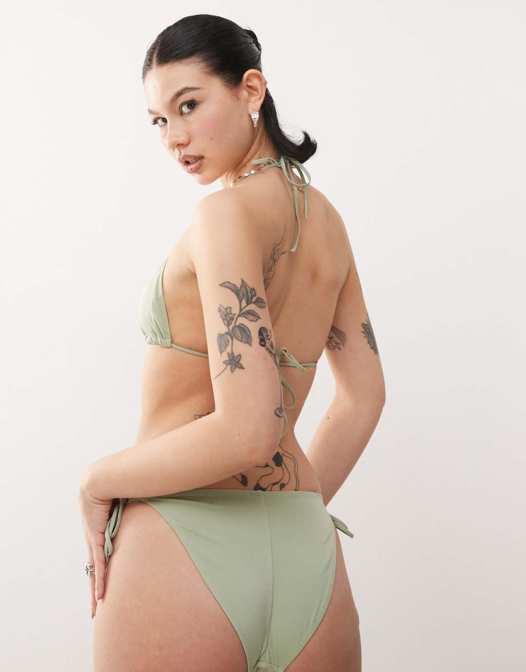 Monki mix and match tie side bikini bottom in sage green Product Image