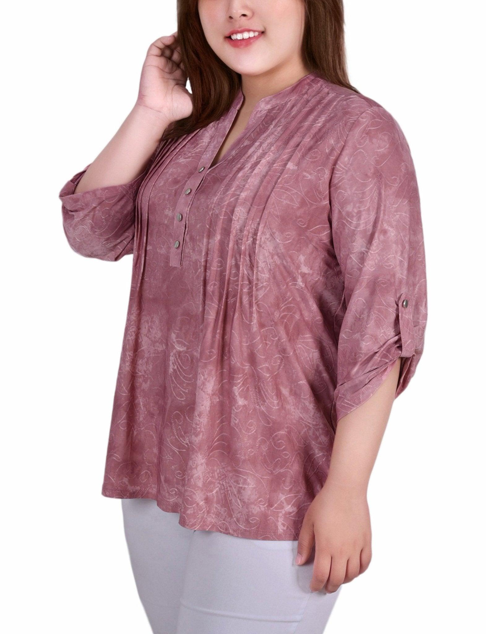 Mauve Tie Dye 3/4 Sleeve Roll Tab Y Neck Top - Plus Product Image