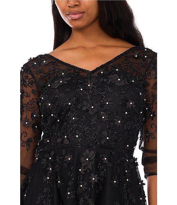 Pisarro Nights Beaded Mesh V-Neck 3/4 Sleeve A-Line Midi Dress Product Image