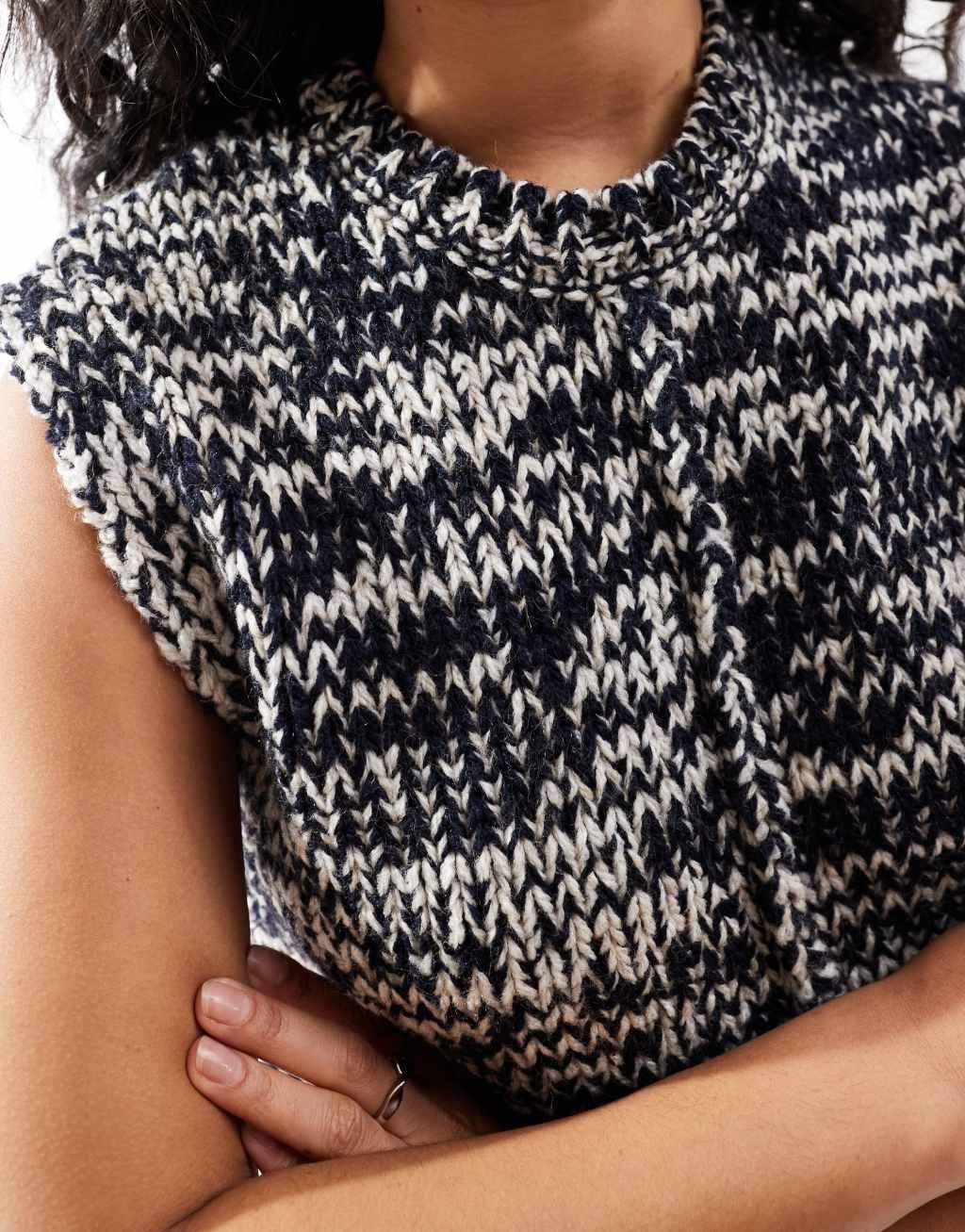 ASOS DESIGN knit crew neck tank in navy and oatmeal twist yarn Product Image