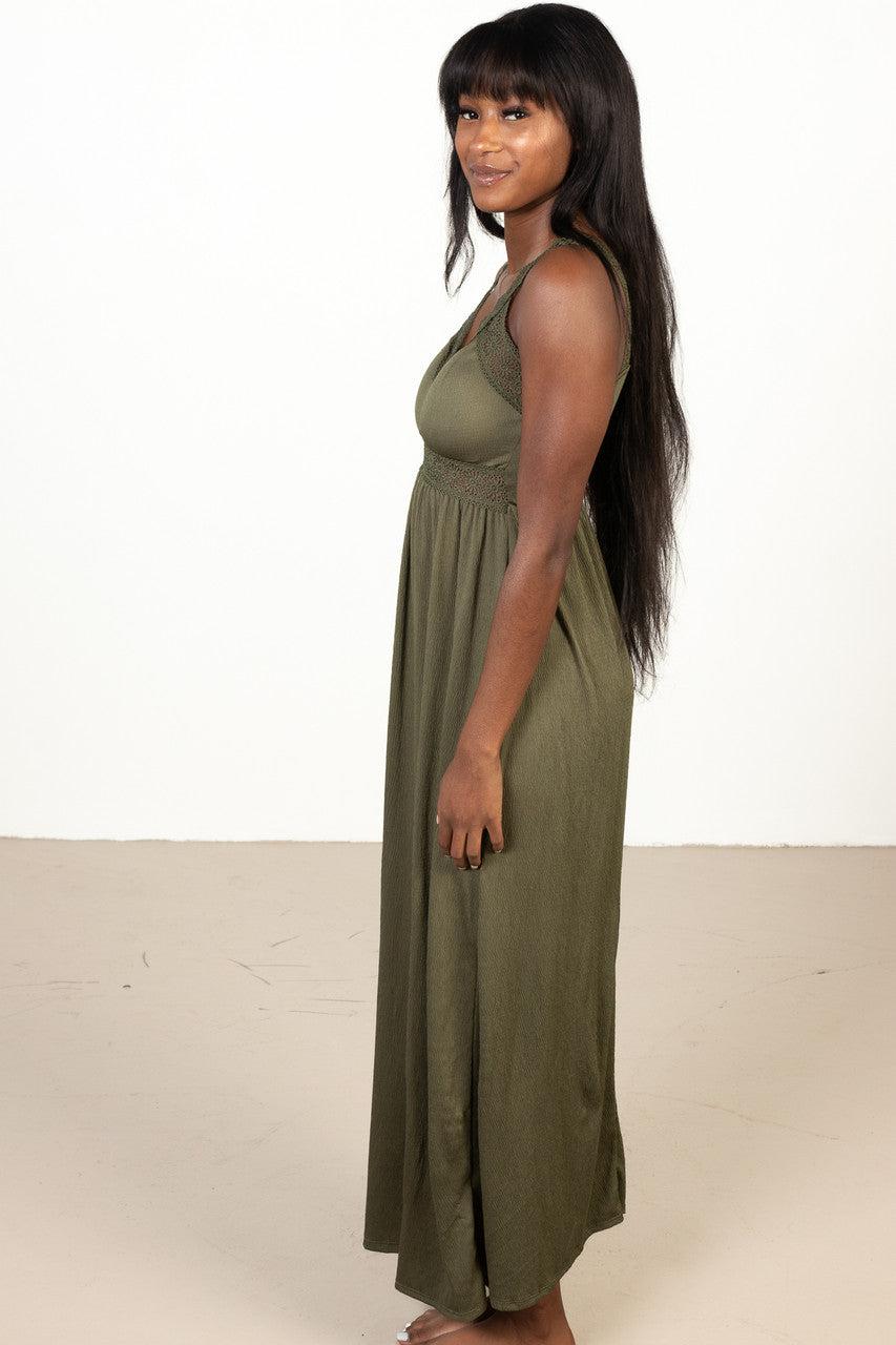 Olive Green Crochet Trim Maxi Dress Product Image