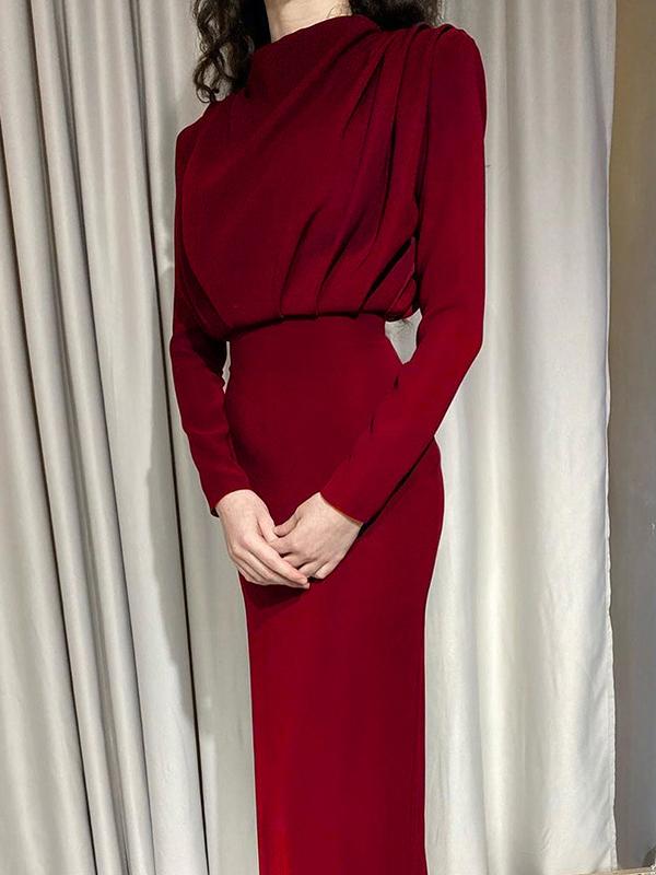High Waisted Long Sleeves Pleated Solid Color Mock Neck Midi Dresses Product Image