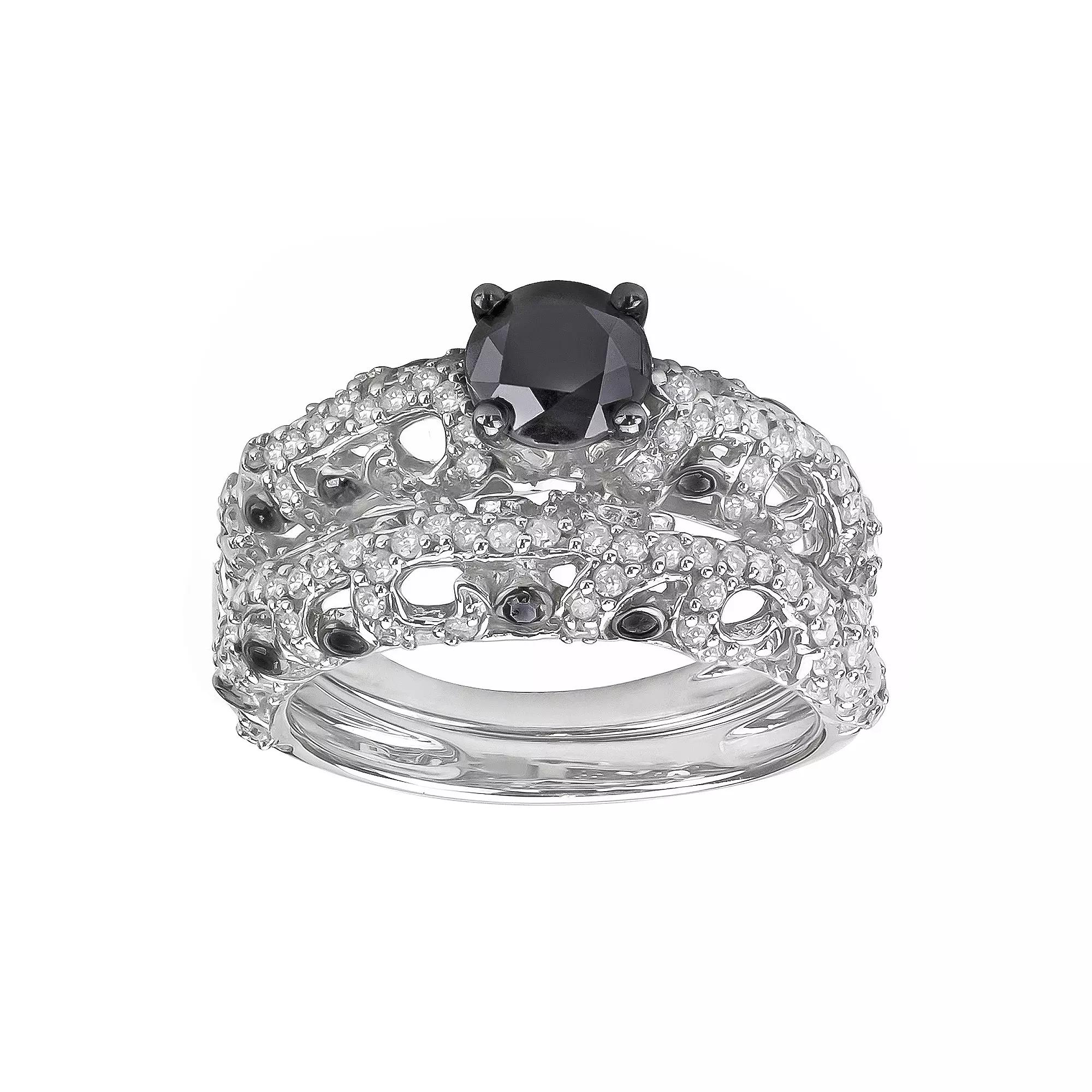 Sterling Silver 2 Carat T.W. Black & White Diamond Engagement Ring Set, Women's, Size: 9 Product Image