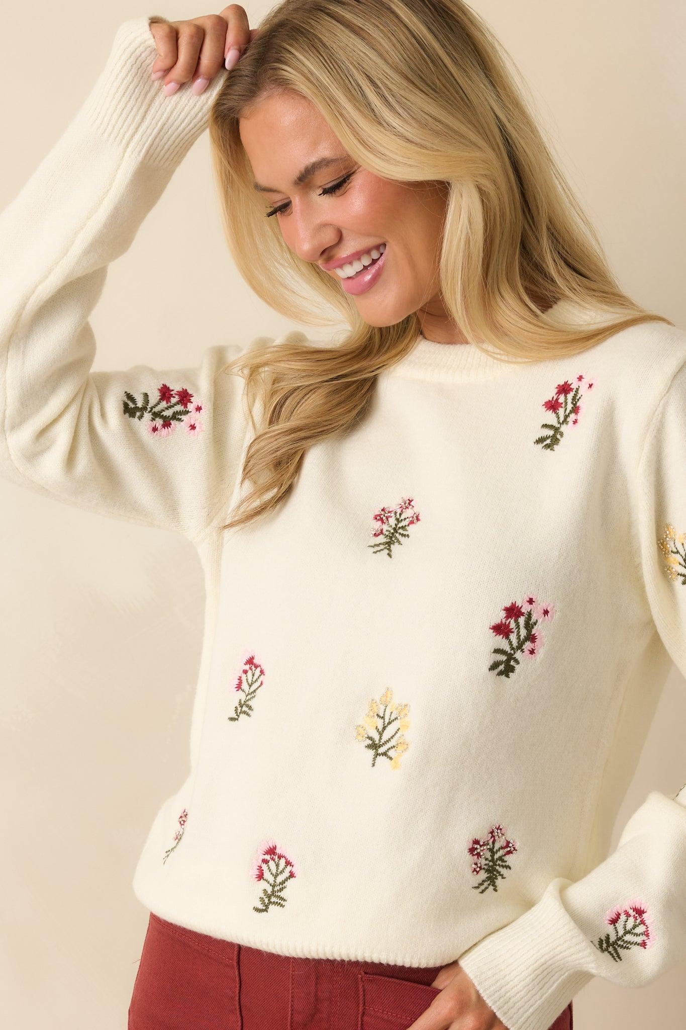 Stay True To Yourself Ivory Multi Floral Embroidered Knit Sweater L / Ivory Product Image