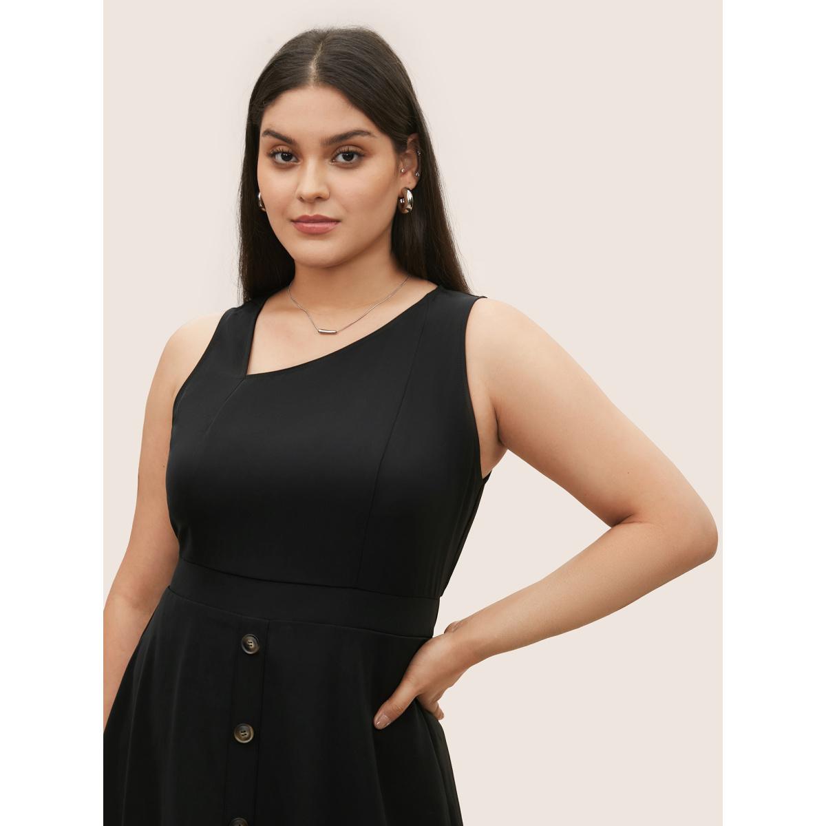 Plus Size Asymmetrical Neck Button Detail Midi Dress Black Women At the Office Non Asymmetrical Neck Sleeveless Curvy Midi Dress BloomChic 26/4X Product Image