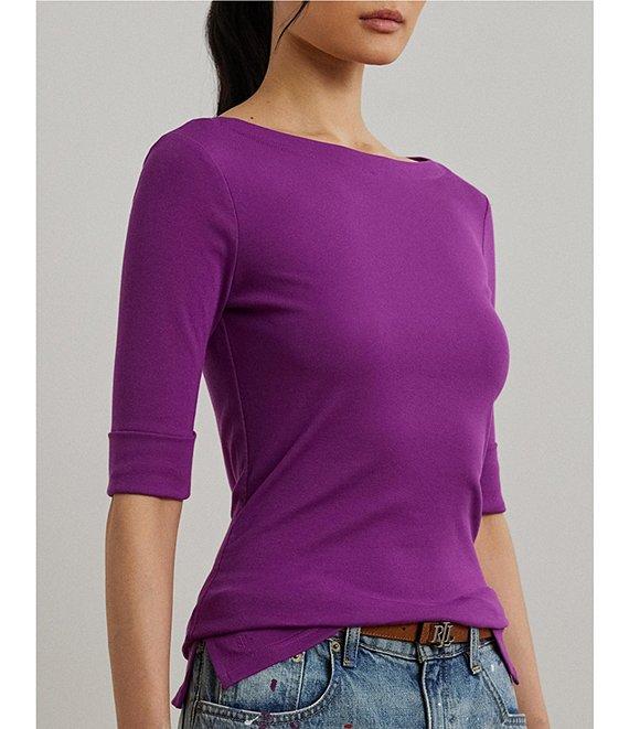 Lauren Ralph Lauren Stretch Cotton Boatneck Elbow-Length Sleeve T-Shirt Product Image