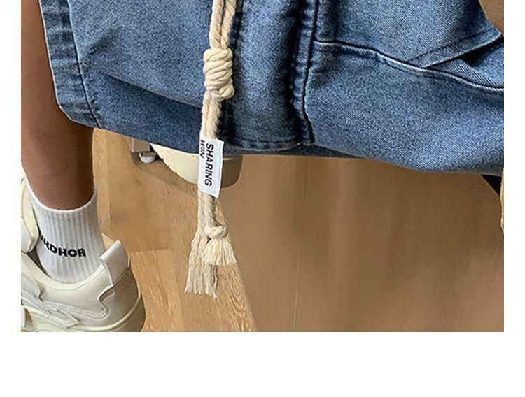 Drawstring Waist Washed Denim Wide Leg Cargo Shorts Product Image
