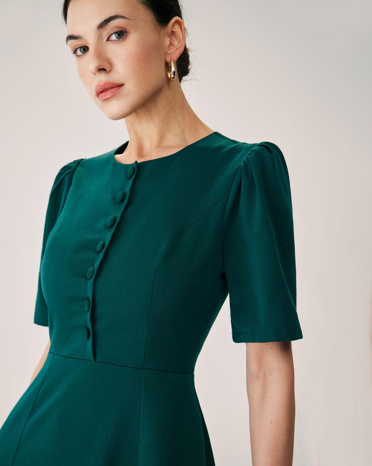 Green Puffed Sleeve Button Midi Dress Product Image