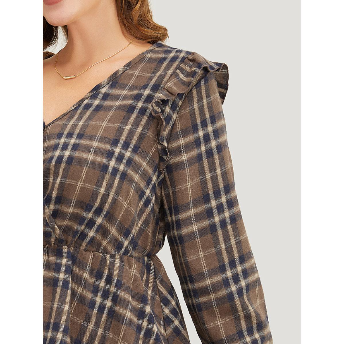 Plus Size DarkBrown Plaid Ruffles Trim Lantern Sleeve Asymmetrical Hem Wrap Blouse Women Elegant Long Sleeve V-neck Dailywear Blouses BloomChic 10/M Product Image