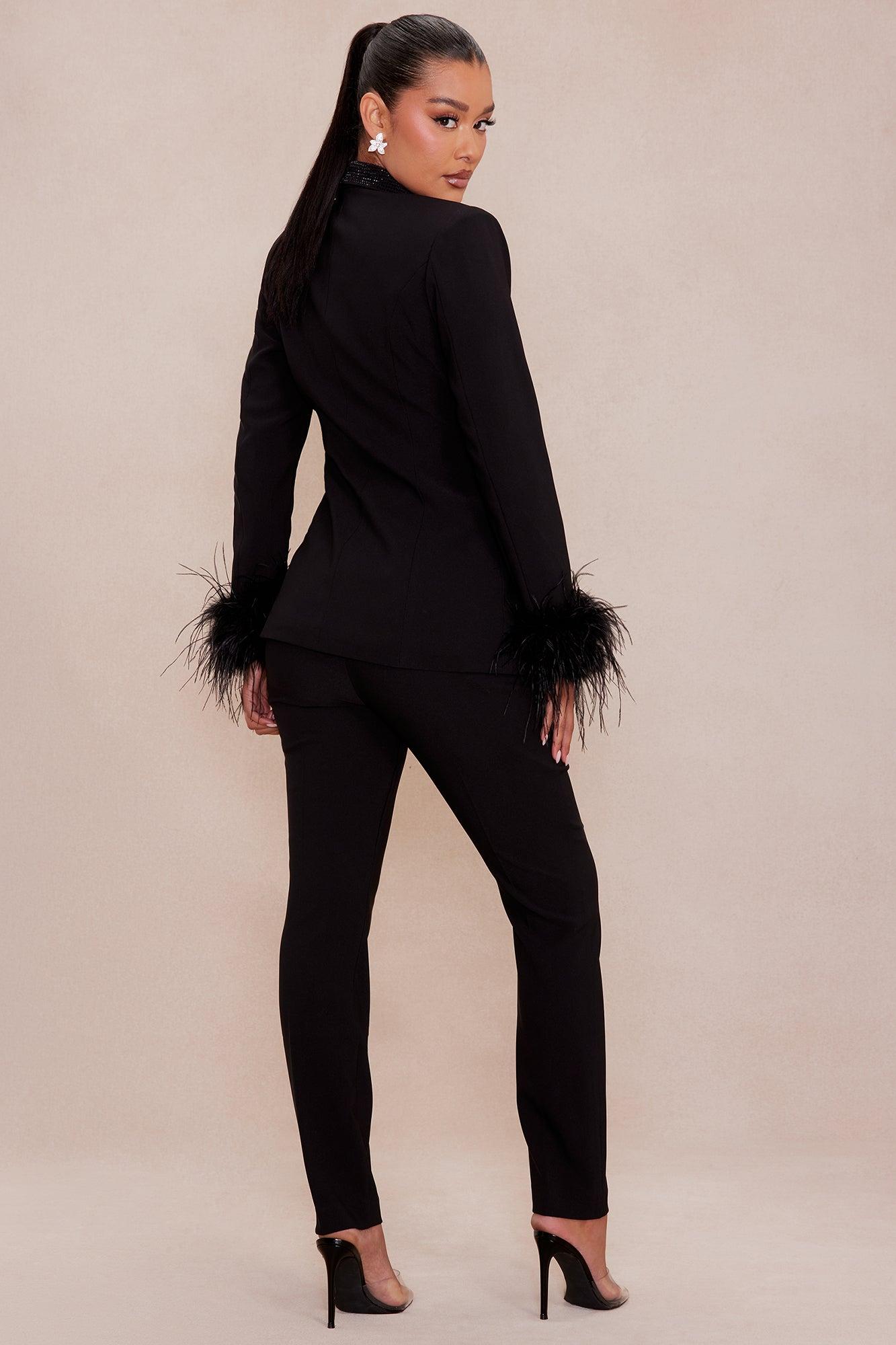 Clarissa Embellished Feather Blazer Suit Set - Black Product Image
