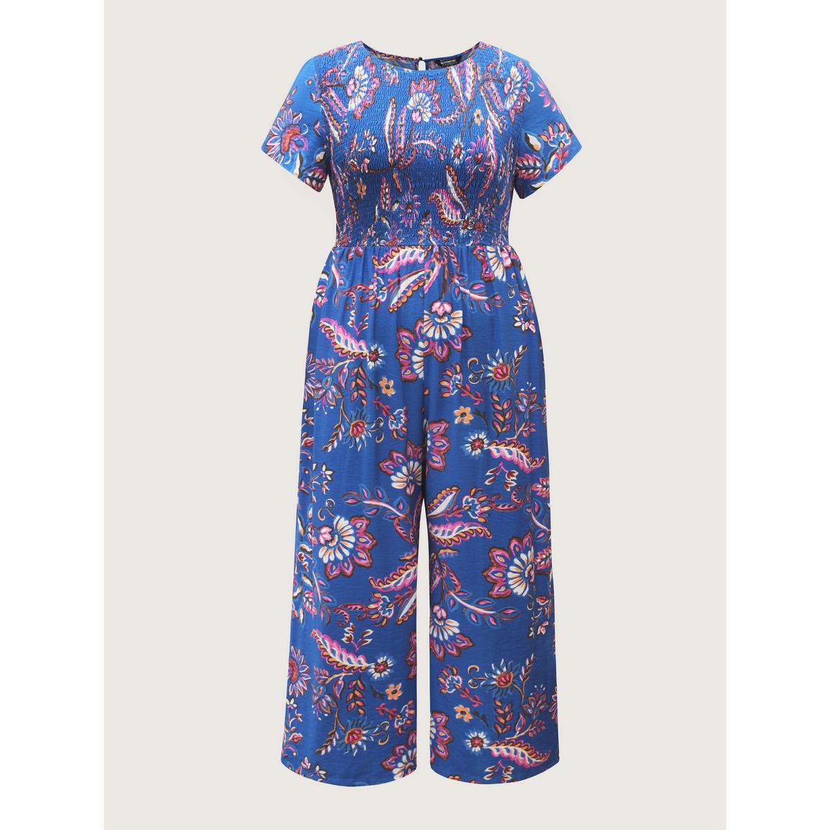 Plus Size DarkBlue Floral Shirred Bodice Pockets Jumpsuit Women Boho Cap Sleeve Round Neck Vacation Loose Jumpsuits BloomChic 22-24/3X Product Image