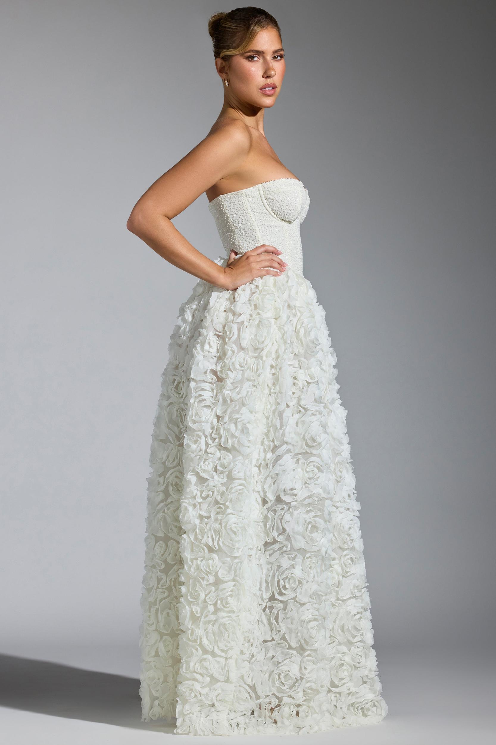 Embellished Floral-Appliqué Corset Gown in White Product Image
