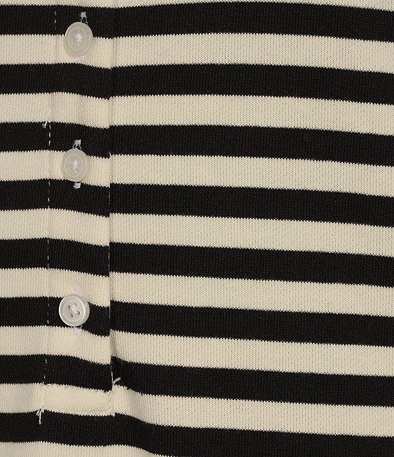 Buru Knit Rugby Stripe Contrast Point Collar Long Sleeve Button Front A-Line Midi Dress Product Image