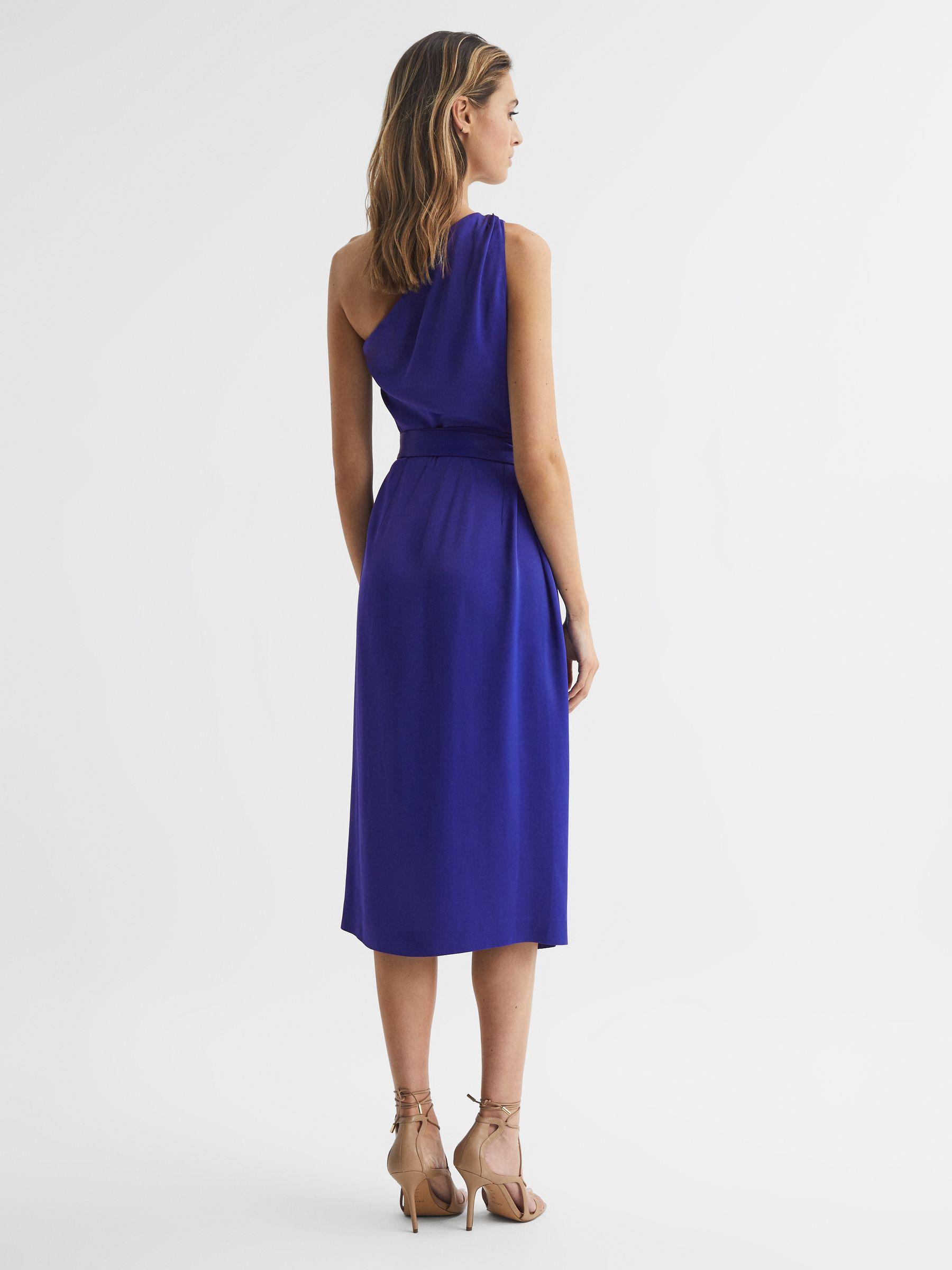 Off-The-Shoulder Satin Midi Dress in Purple Product Image
