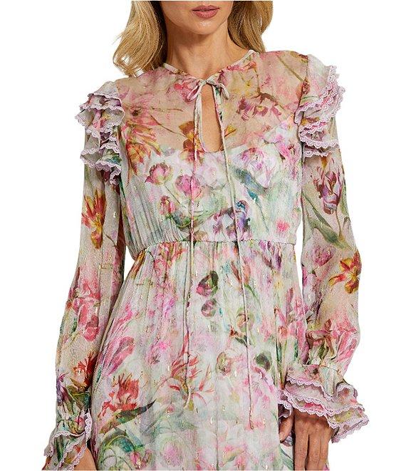 Mac Duggal Keyhole Tie Neck Long Sleeve Tiered Ruffle Printed Chiffon Midi Dress Product Image