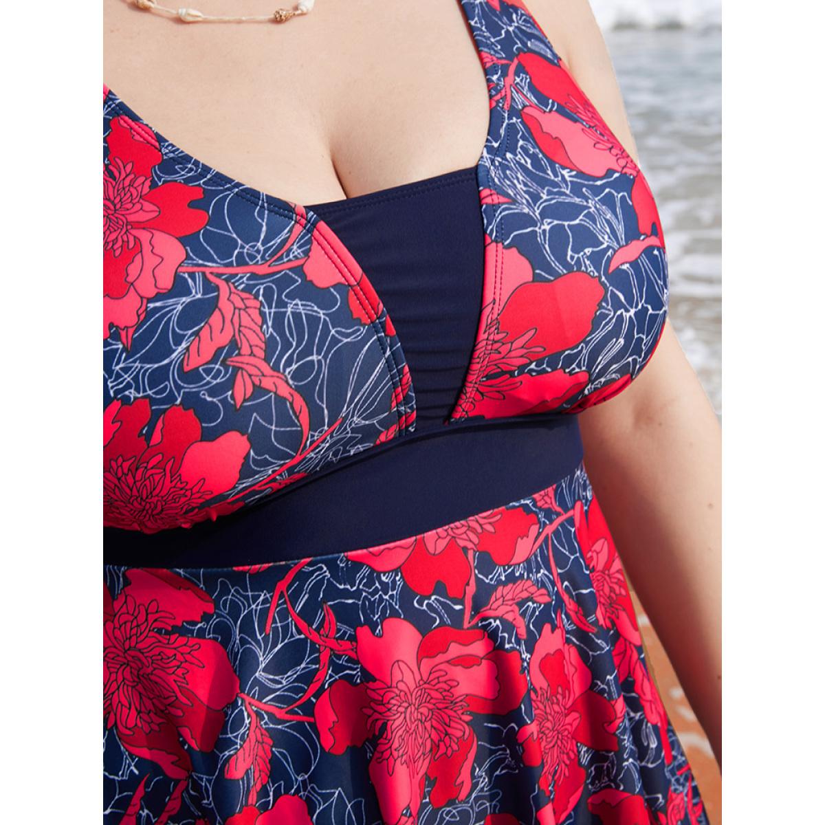 Plus Size Tropical Printed Patchwork Ruffle Swim Dress Women's Swimwear Red Vacation Bodycon V-neck High stretch Curve Swim Dresses BloomChic 10/M Product Image