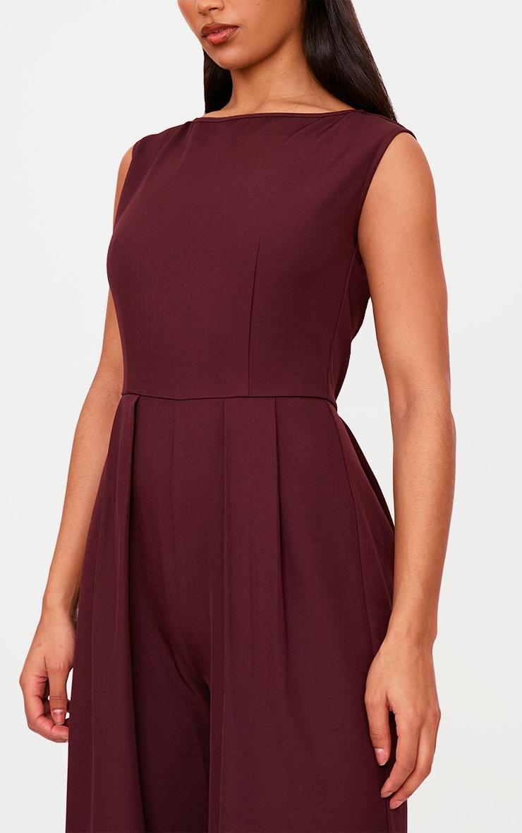 Burgundy Structured Woven Boat Neck Tailored Straight Leg Jumpsuit Product Image