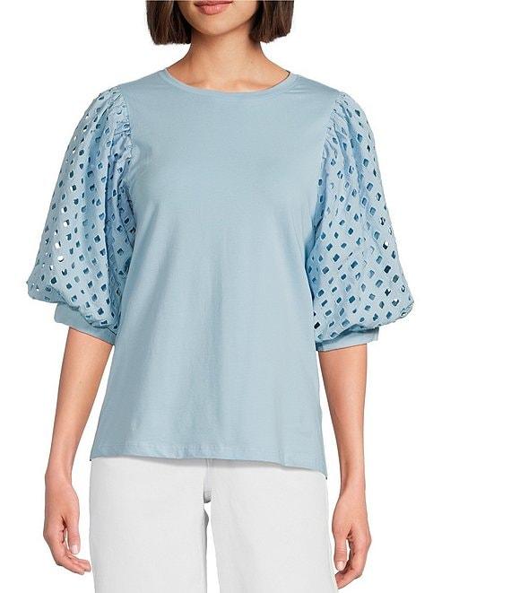 Gibson & Latimer Knit Contrast Eyelet Crew Neck Short 3/4 Balloon Sleeve Top Product Image