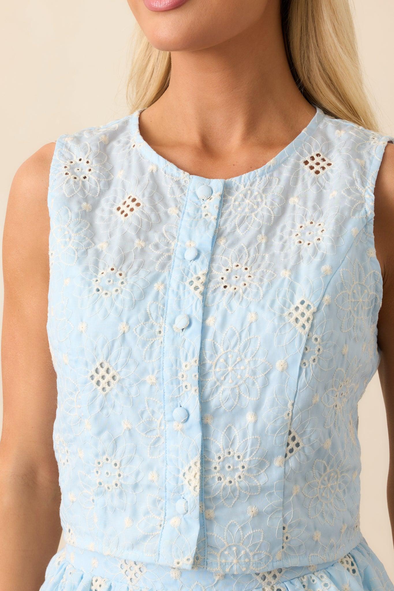 Let The Light In Sky Blue Embroidered Eyelet Crop Top Product Image