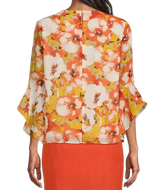 Kasper Floral Printed Crew Neckline Ruffle 3/4 Sleeve Blouse Product Image