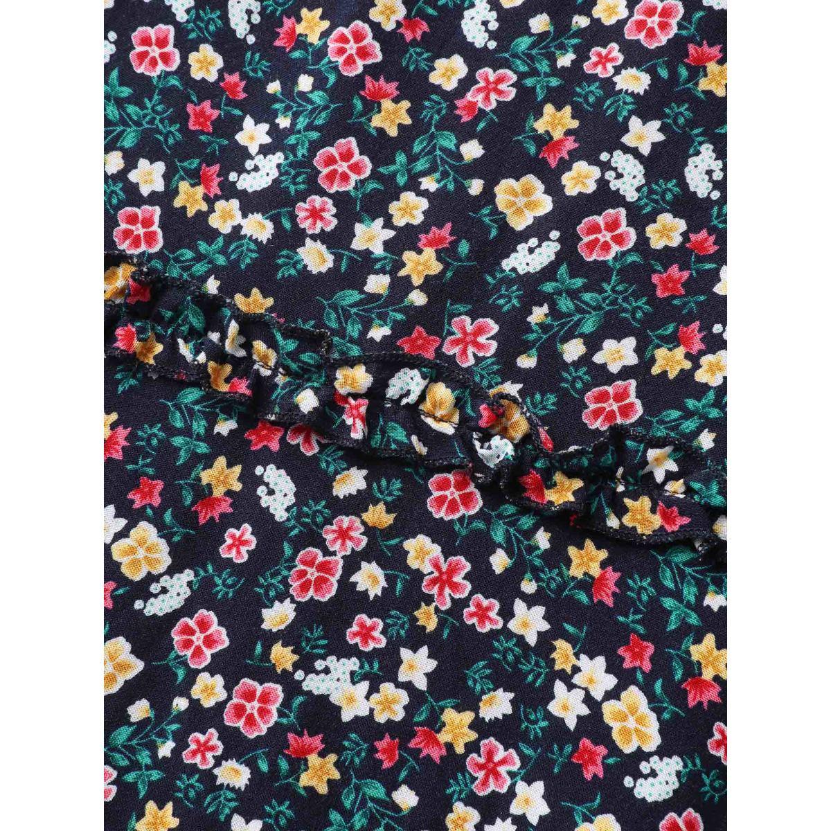 Plus Size Micro Floral Shirred Asymmetrical Midi Dress Navy Women Shirred Square Neck Short sleeve Curvy BloomChic 22-24/3X Product Image