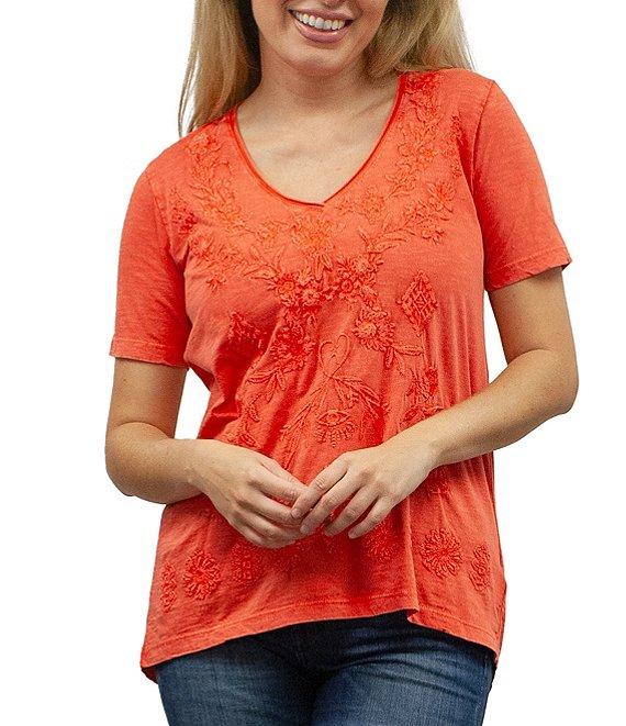 Karyn Seo Marya Geometric Floral Embroidered V-Neck Short Sleeve Top Product Image