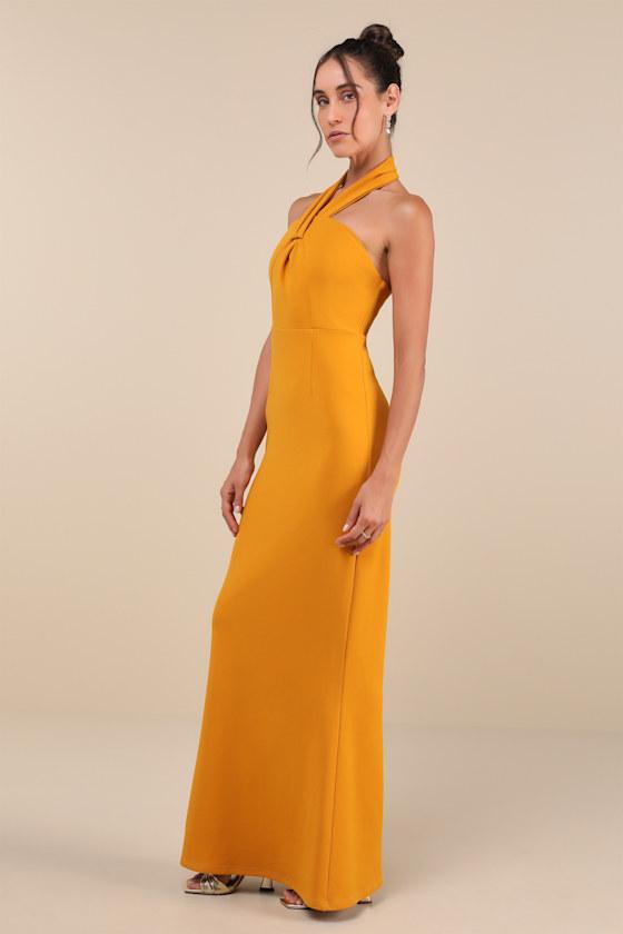 Mesmerizing Perfection Yellow Halter Neck Backless Maxi Dress Product Image