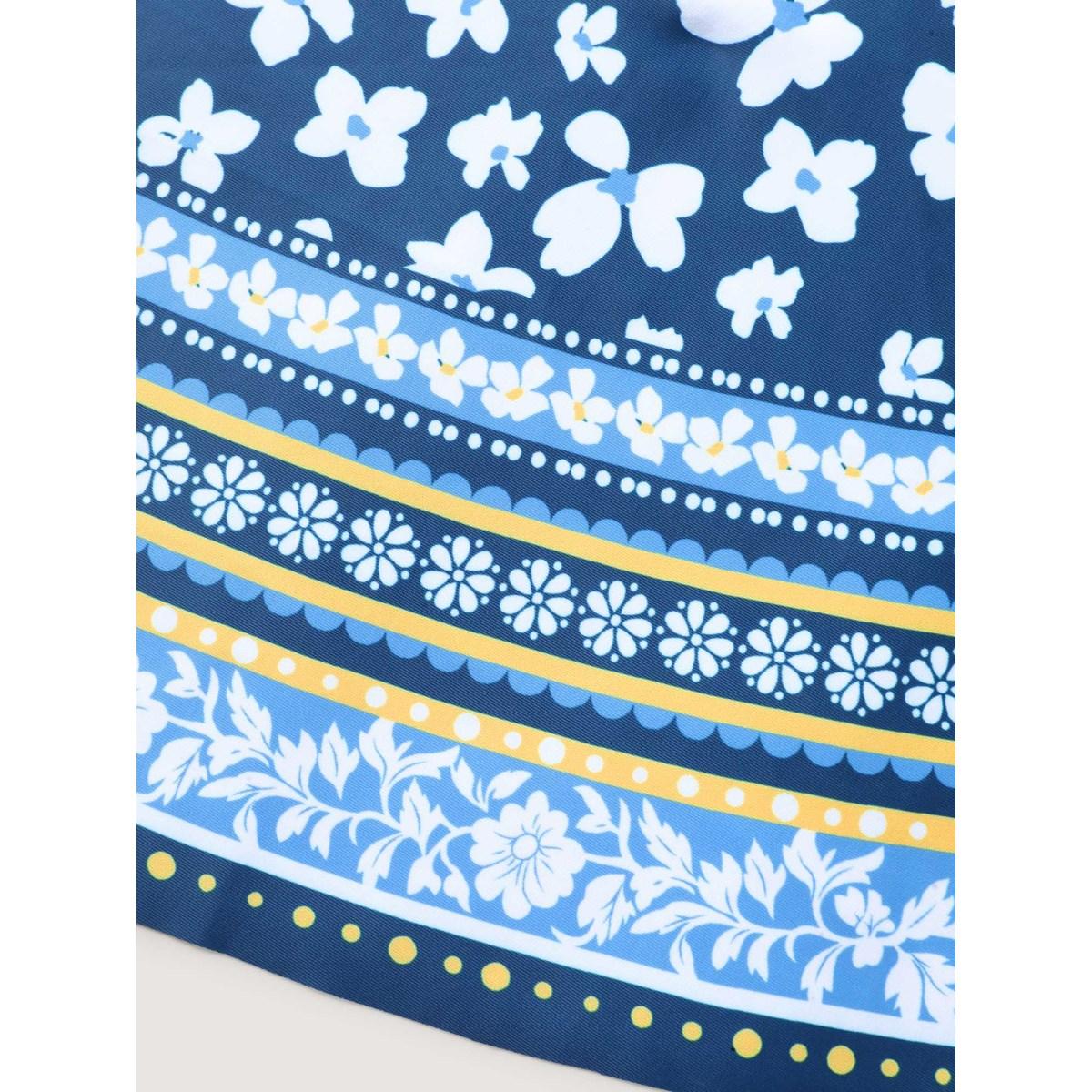 Plus Size Floral Print Contrast Swim Dress Women's Swimwear Indigo Resort Bodycon Overlap Collar High stretch Curve Swim Dresses BloomChic 30/6X Product Image