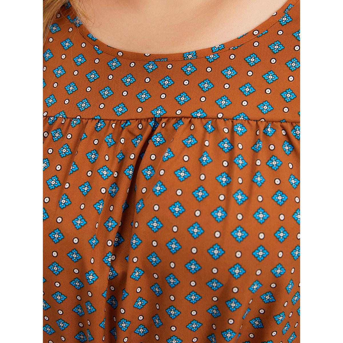 Plus Size Bandana Print Flutter Trim Pocket Belted Dress Chocolate Women Vacation Belted Round Neck Short sleeve Curvy Midi Dress BloomChic 14-16/1X Product Image