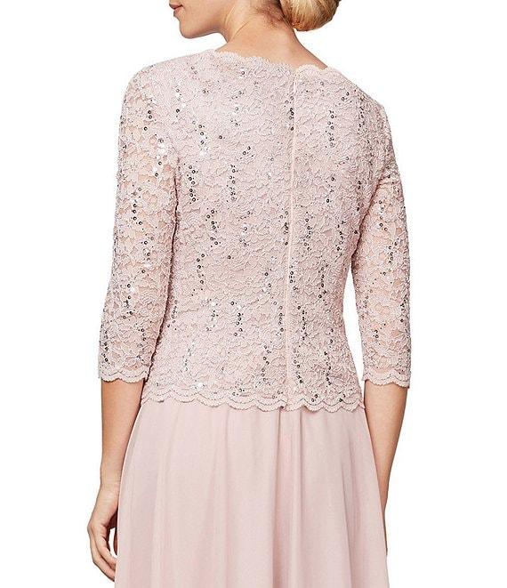 Alex Evenings Crew Neck 3/4 Sleeve Sequin Floral Lace Bodice Chiffon A-Line Midi Dress Product Image