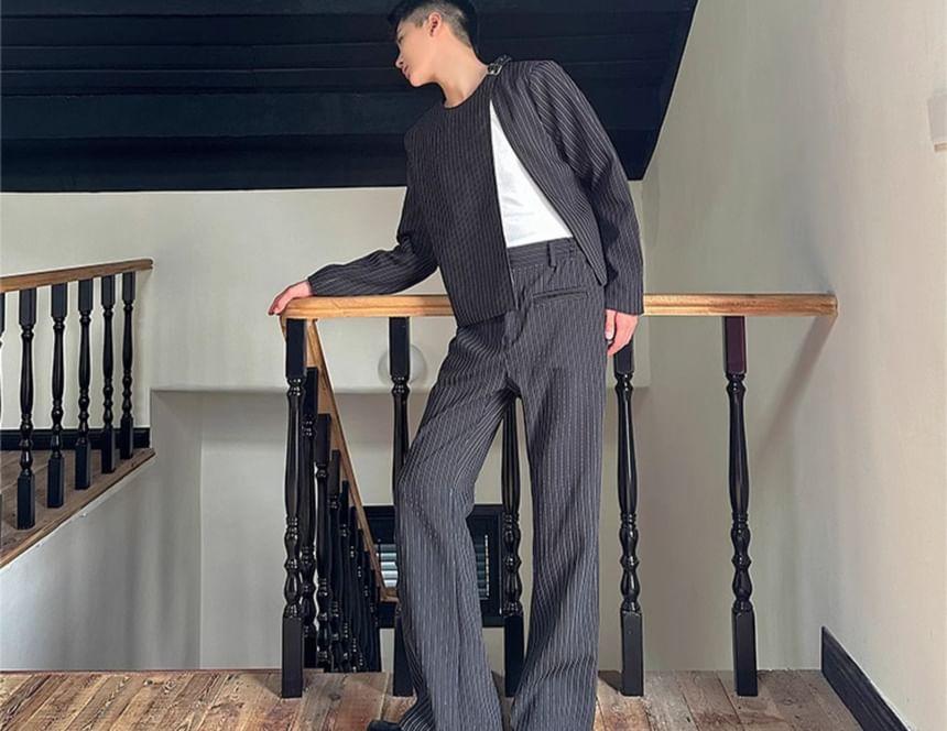 Set: Crew Neck Pinstriped Buckled Blazer + Mid Rise Wide Leg Dress Pants Product Image