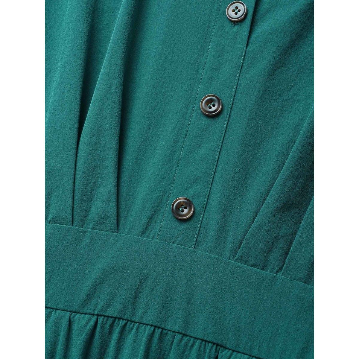 Plus Size Shirt Collar Pleated Button Detail Gathered Midi Dress Cyan Women Work From Home Gathered Shirt collar Short sleeve Curvy BloomChic 10/M Product Image