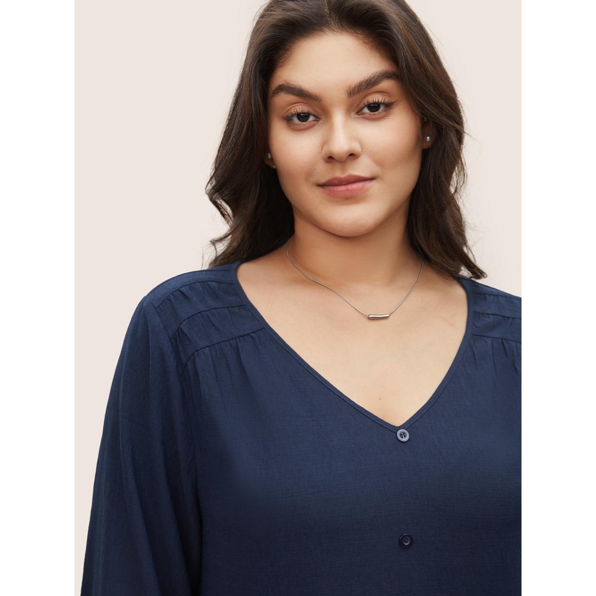 Plus Size Indigo Solid Button Detail Gathered Lantern Sleeve Blouse Women Work From Home Elbow-length sleeve V-neck Work Blouses BloomChic 12/L Product Image
